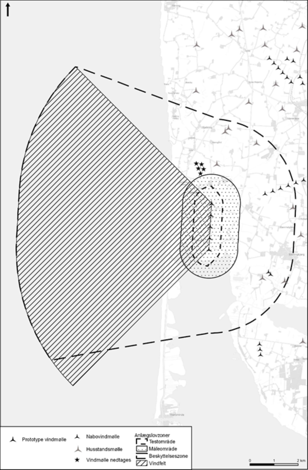 Kort nr. 1 over test- og måleområde, vindfelt og beskyttelseszone