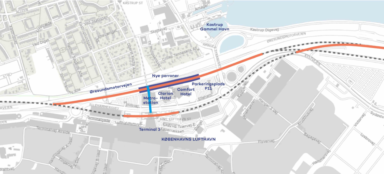 Kort over projektområdet for Københavns Lufthavn Station