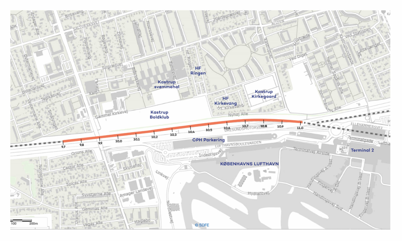 Kort over projektområdet for vendespor ved Københavns Lufthavn Station ved maksimal længde af vendespor